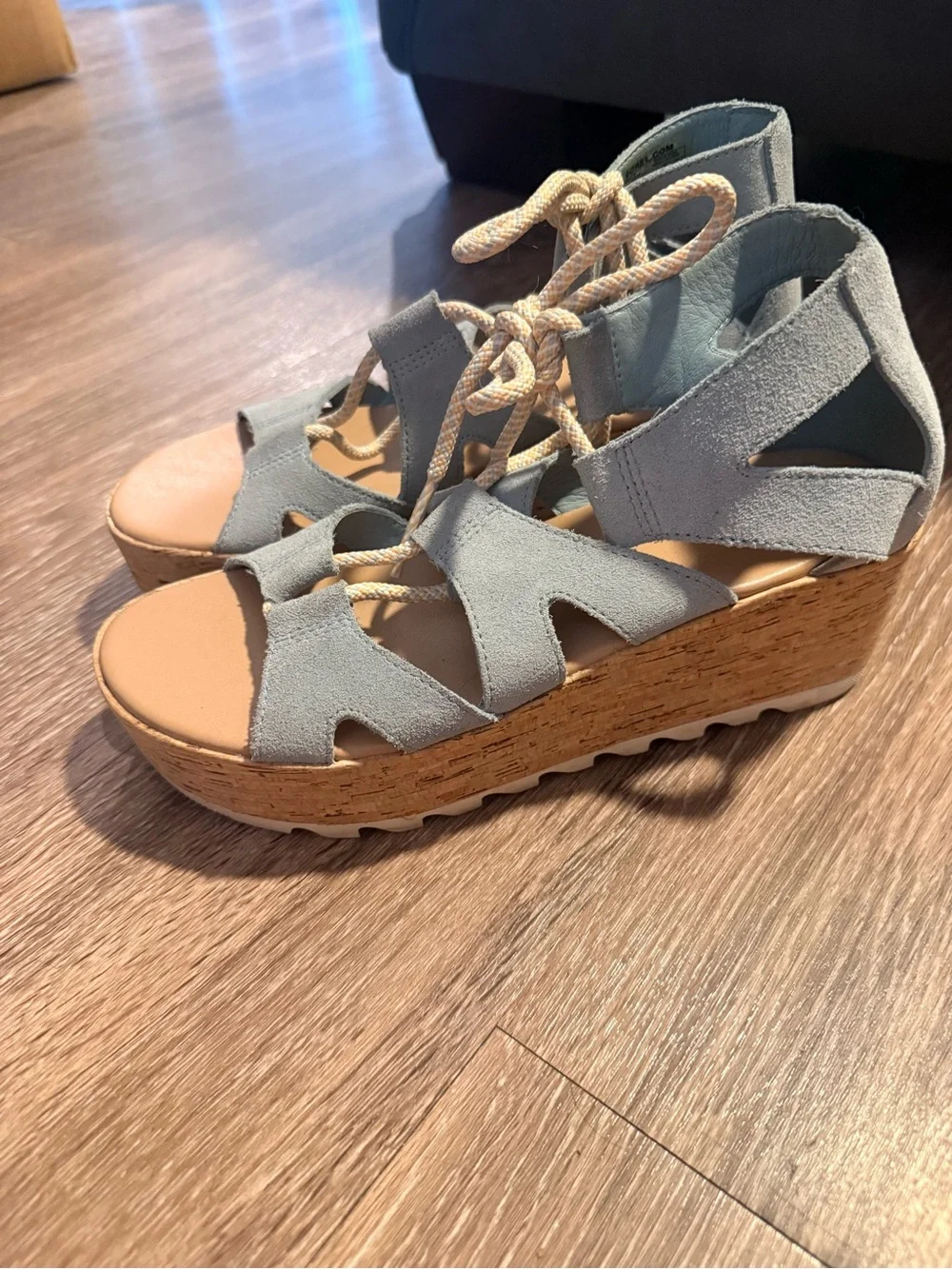 Sorel Womens Light Blue Lace-Up Cork Wedge Sandals